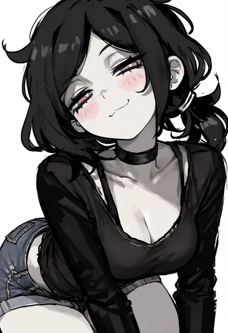 <lora:748cmSDXL:1>, best quality, masterpiece, 748cmstyle, 1girl, (ashley graves:0.85), 1girl, ashley graves, black hair, ponytail, pink eyes, choker, cleavage, medium breasts, black shirt, long sleeves, denim shorts, white background, simple background, bent over, smug, blush, cleavage, sketch,