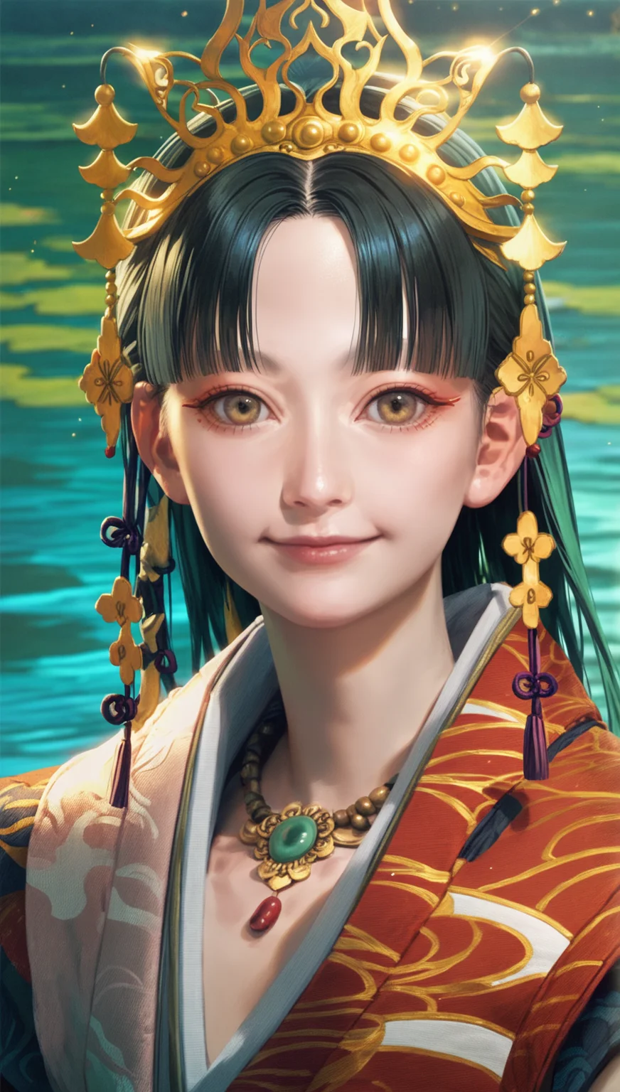 score_9,score_8_up,score_7_up,
<lora:Yoshiro:0.9>,
yoshirogoddess,
realistic,
1girl,solo,
black hair,long hair,hime cut,
yellow eyes,hikimayu,looking at viewer,smile,
ornate gold headdress,jade,intricate traditional robe,red ribbon,detailed and traditional design,
portrait,
blurry background,bloom,lens flare,shimmering water background reflecting sunlight,lake,light particles,