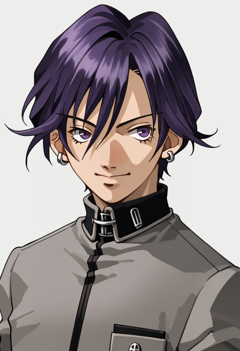 score_9, score_8_up, score_7_up, source_anime, 1boy, solo, smile,
<lora:zs_SoulHackersPortraitsXL:1> soulhackersportraits, portrait, white background
<lora:-pdxl_Fp:1> naoyap1, grey uniform, purple hair, purple eyes, single earring, emblem