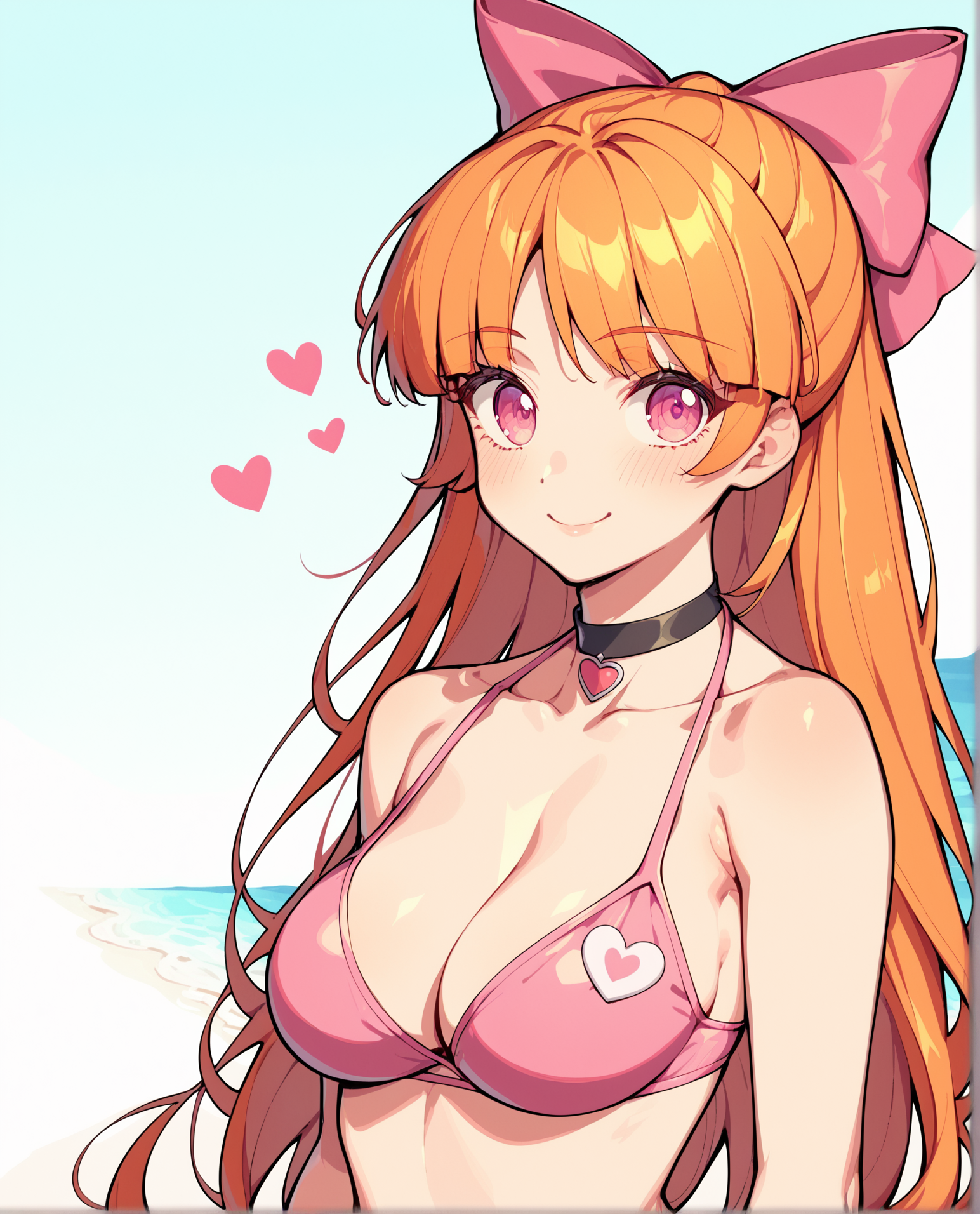 score_9, score_8_up, score_7_up, source_anime, BREAK  1girls, solo, (Blossom (Powerpuff girls), orange hair, long hair, pink eyes), looking at viewer, breasts, cleavage, upper body, bikini, choker, bow, smile, blush, blunt parted bangs, heart, bare shoulders, bare arms, beach, blue sky, <lora:Adult_Powerpuff_Girls:1>, rating_questionable
