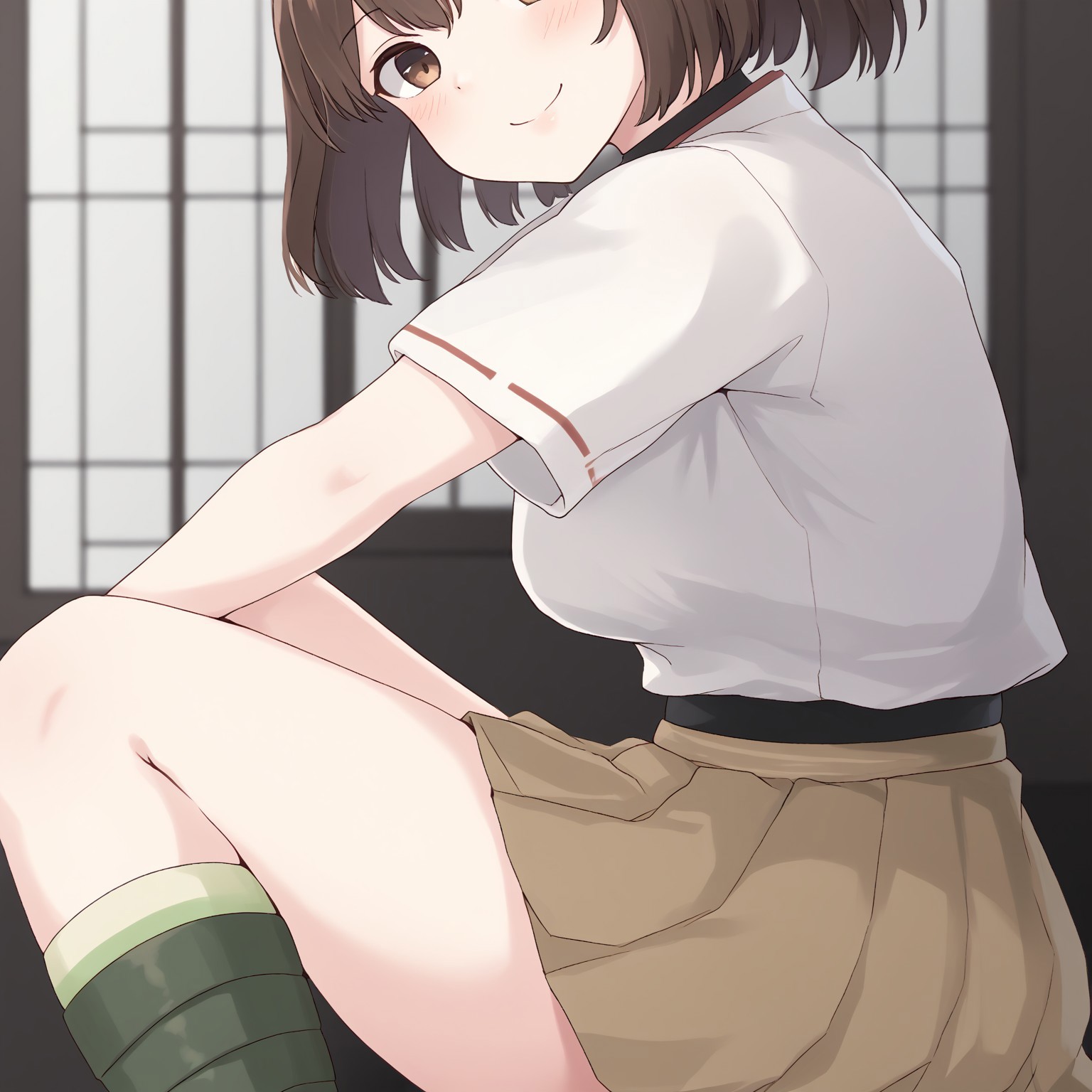 score_9, 1girl, isedefkc, short_sleeves_brown_skirt, (japanese_clothes:1.3), brown skirt, white shirt, black turtleneck, pleated skirt, green legwear, white socks, green footwear, black zouri, black sandals, from side, blush, smile, kumasteam, looking at viewer, feet out of frame, portrait, 