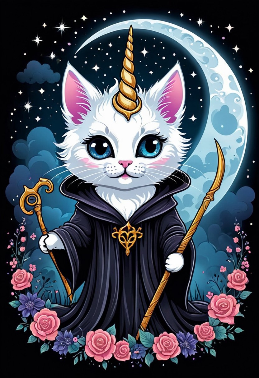 Let's craft a striking and unique t-shirt design featuring a unicorn kitten donning an eerie reaper costume, blending cuteness with a touch of mystique. Envision a fluffy, adorable kitten with a shimmering unicorn horn protruding from its forehead, embodying a sense of innocence and wonder. The kitten is cloaked in a flowing, dark robe reminiscent of the iconic reaper's attire, adorned with intricate, ethereal designs that catch the light in subtle, eerie ways. Its eyes gleam with a hint of otherworldly wisdom, contrasting with its playful, feline features. Tiny, delicate reaper's scythe motifs adorn the robe, adding a sinister yet charming element to the design. The background sets a haunting yet enchanting scene, with a moonlit sky swirling with mystical clouds and twinkling stars, casting an atmospheric glow. This captivating blend of cute and ominous elements creates a captivating t-shirt design that is sure to turn heads and spark intrigue.