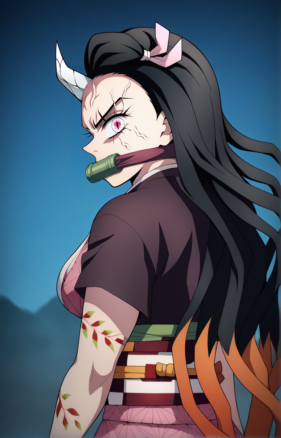 score_7_up, BREAK source_anime, dnezukoxlv4, 1girl, solo, looking back, angry, bit gag, gag, japanese clothes, kimono, pink kimono, upper body, tattoo, horns, veins, rear side, <lora:DNezukoXLV4-10EP:1>