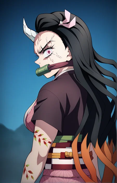 score_7_up, BREAK source_anime, dnezukoxlv4, 1girl, solo, looking back, angry, bit gag, gag, japanese clothes, kimono, pink kimono, upper body, tattoo, horns, veins, rear side, <lora:DNezukoXLV4-10EP:1>