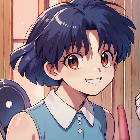 score_9, score_8_up, score_7_up BREAK AkaneTendo, 1girl, dark blue bob cut, brown eyes, sleeveless blue dress, puff sleeve white collared undershirt, socks, black mary jane shoes, smiling at viewer,