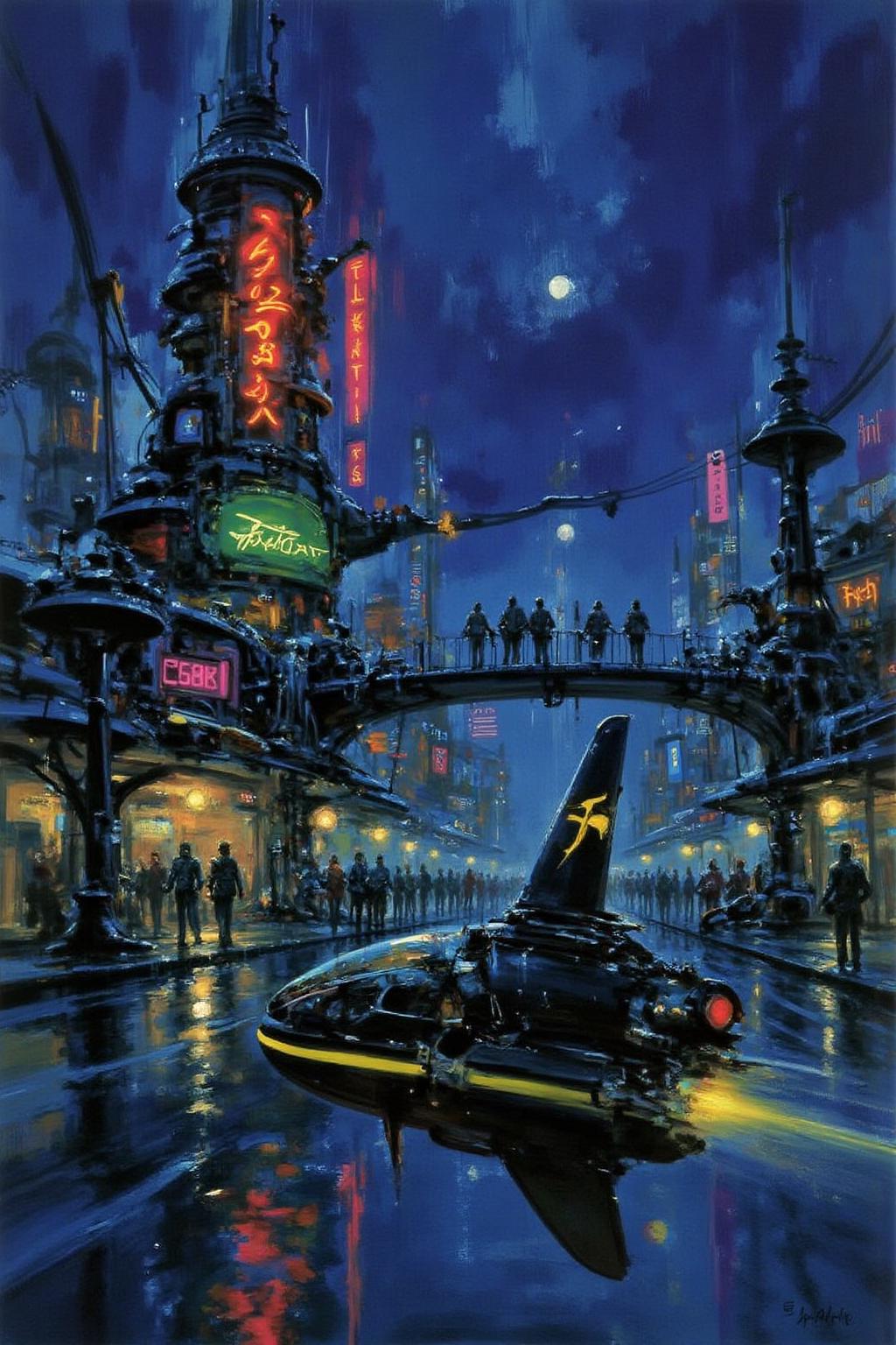 jober1 illustration.
sydme1. A neon-lit cyberpunk cityscape at night, featuring a rain-slick street reflecting colorful lights from towering buildings covered in glowing signs with futuristic scripts. A black spinner flying car, with a yellow stripe running down its side. The cockpit of the spinner is made of glass, and it has a yellow light shining through it. In the distance, a group of people can be seen walking on a bridge. The bridge is made up of metal, Background is a gloomy dark cyberpunk city. The scene is densely packed with intricate architectural details, including overhanging structures, industrial elements, and scattered machinery. The atmosphere is moody, with a blend of cool blue, vibrant purple, and warm yellow tones illuminating the scene, evoking a gritty yet vibrant futuristic world 
 <lora:jober1_cap_d6a3e12:1.0><lora:819127568746885402:0>
