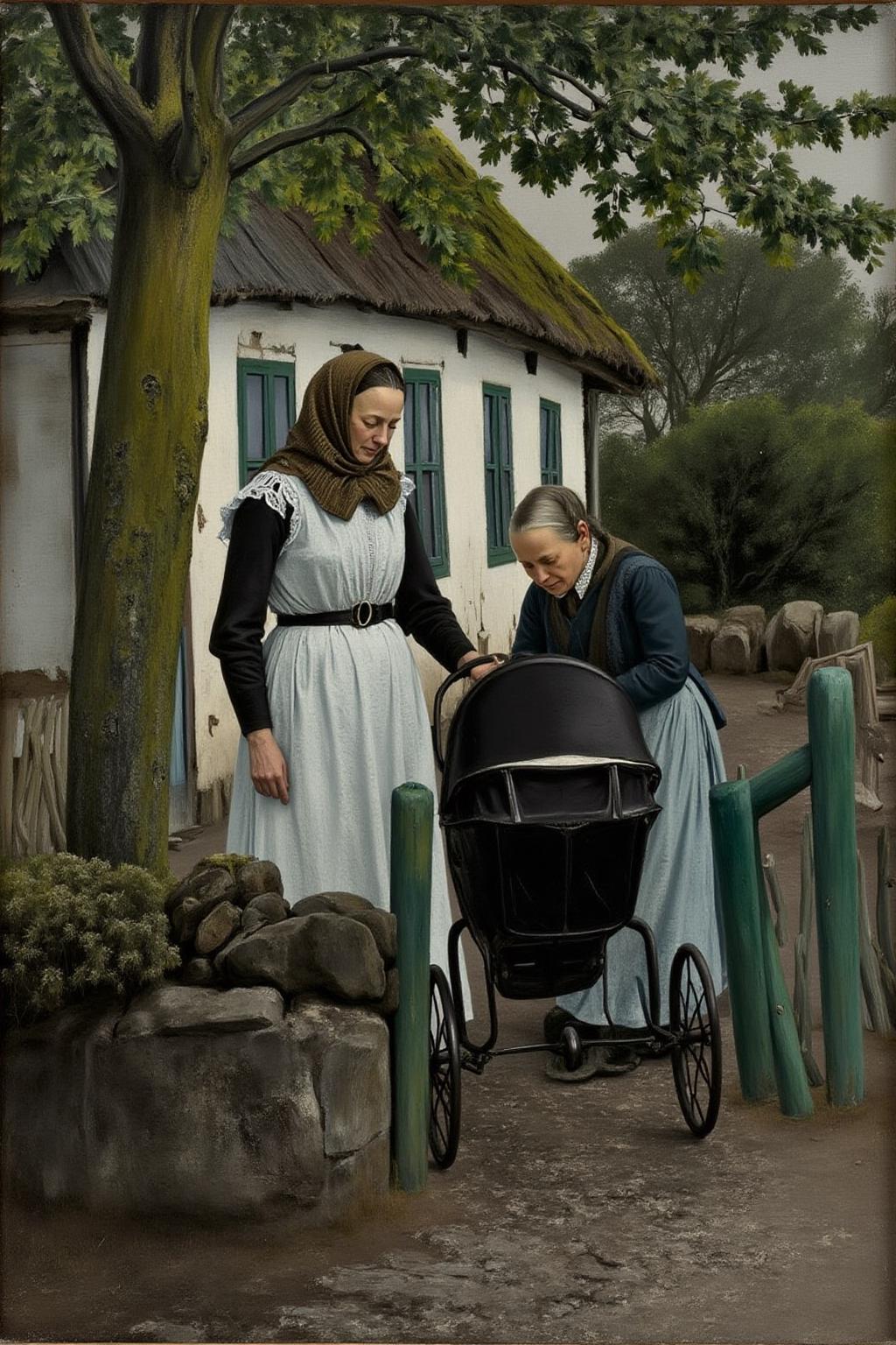 lauritsandersenring1 painting. Two elderly women stand near a rustic building with a thatched roof. The woman on the left wears a white dress with black accents and a headscarf. The woman on the right wears a blue outfit and is looking at a black baby carriage. A tree and stone wall are in the foreground. <lora:lauritsandersenring1_cap_d8a4e13:1.0><lora:857026637177300940:0>