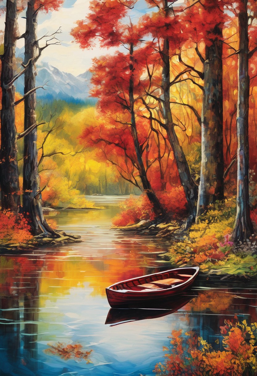 cinematic 16k resolution masterpiece illustration painting consisting of oil, watercolors and ink :: forest rowboat lake spring flowers trees : frisco watercolors and oil sky multi-colored bright large sun cloudscape :: vibrant rustic red, orange and yellow palette :: intricate motifs perfect composition insanely-detailed extreme-detailed hyper-detailed volumetric deep rich colors volumetric lighting shadows Ray tracing, abstract art complementary colors fine details<lora:xl_more_art-full_v1:0.3>