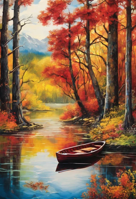 cinematic 16k resolution masterpiece illustration painting consisting of oil, watercolors and ink :: forest rowboat lake spring flowers trees : frisco watercolors and oil sky multi-colored bright large sun cloudscape :: vibrant rustic red, orange and yellow palette :: intricate motifs perfect composition insanely-detailed extreme-detailed hyper-detailed volumetric deep rich colors volumetric lighting shadows Ray tracing, abstract art complementary colors fine details<lora:xl_more_art-full_v1:0.3>