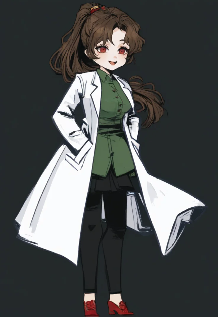 (score_9, score_8_up:1.1), score_7_up, masterpiece, perfect face, beautiful face, perfect hands, beautiful hands, <lora:Limbus_Fight_Artstyle:1>, Limbus_Chibi_Artstyle, chibi, ((black background, simple background)), standing, 1girl, solo, full body, <lora:Carmen_Project_Moon:0.8>, CarmenLC, red eyes, brown hair, long hair, ponytail, black skirt, green shirt, labcoat, red shoes, hands in pockets, happy face
