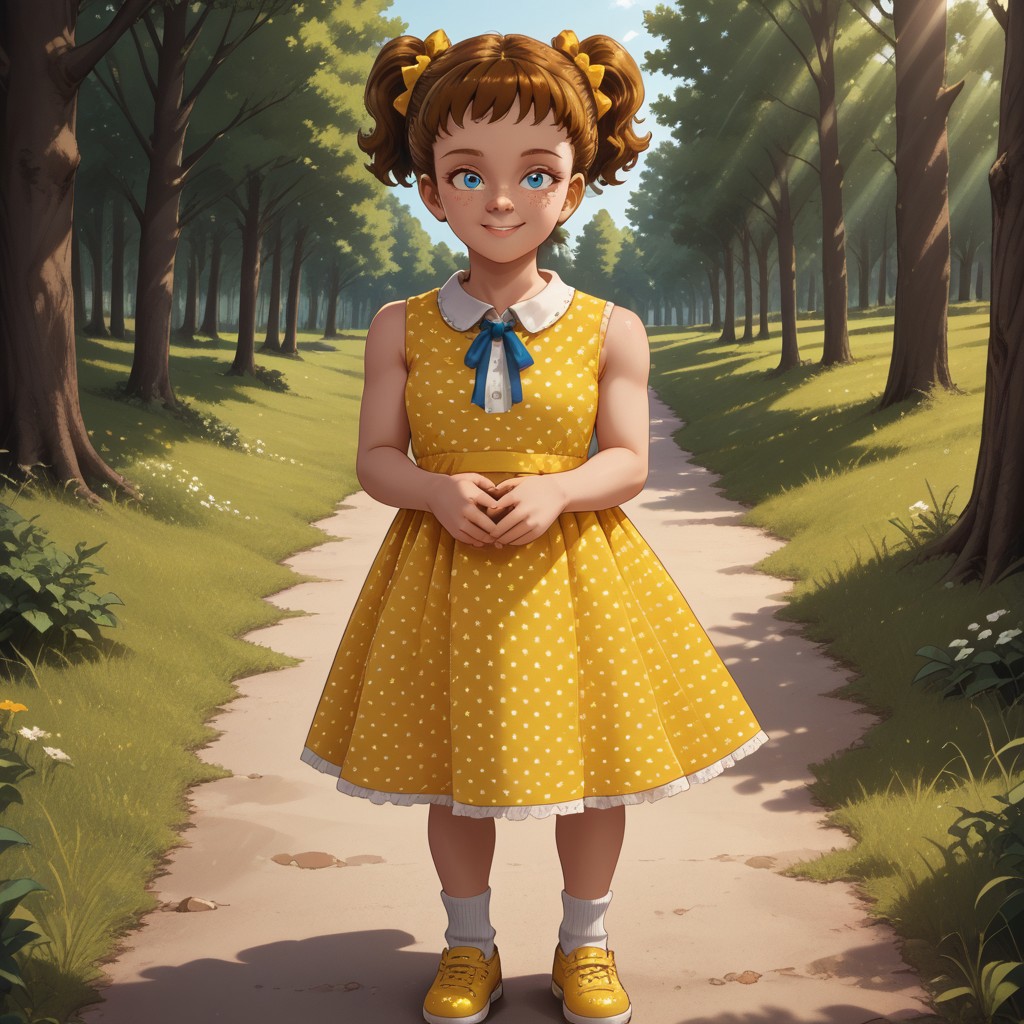 score_9, score_8, BREAK, solo, brown hair, short hair, pigtails, yellow hair bow, blue eyes, freckles, yellow white dotted dress, sleeveless dress, socks, yellow shoes, doll, Gabby_Gabby_(Toy_Story_4), cute, sexy pose, self portrait, smile, outdoors, sunlight, shadows, evening lighting, natural lighting, forest, trees, grass, orange sky, sunset