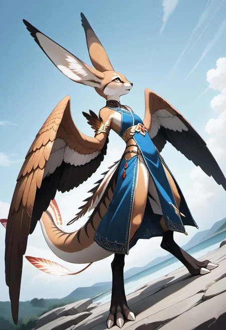 1person, Palagiri, anthro, feline features, feline nose, large ears, ((winged arms)), large wings, arms lowered, digitigrade legs, long tail, tapering tail, feather-tipped tail,
Dutch angle,
Source: anime, score: 9, score: 8up,