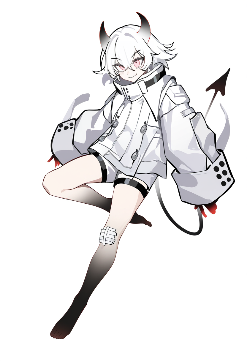 c3styl333, year 2024, masterpiece, best quality, newest, absurdres, highres, full body, white background, 1boy, strafe jacket, straps, sleeves past wrists, shorts, barefoot, demon horns, demon tail, white theme, smile, wide eyes, slit pupils, light red eyes, white theme, black feet, gradient skin, (dynamic pose, dynamic composition:1.2), floating, bandage on knee,