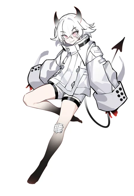 c3styl333, year 2024, masterpiece, best quality, newest, absurdres, highres, full body, white background, 1boy, strafe jacket, straps, sleeves past wrists, shorts, barefoot, demon horns, demon tail, white theme, smile, wide eyes, slit pupils, light red eyes, white theme, black feet, gradient skin, (dynamic pose, dynamic composition:1.2), floating, bandage on knee,