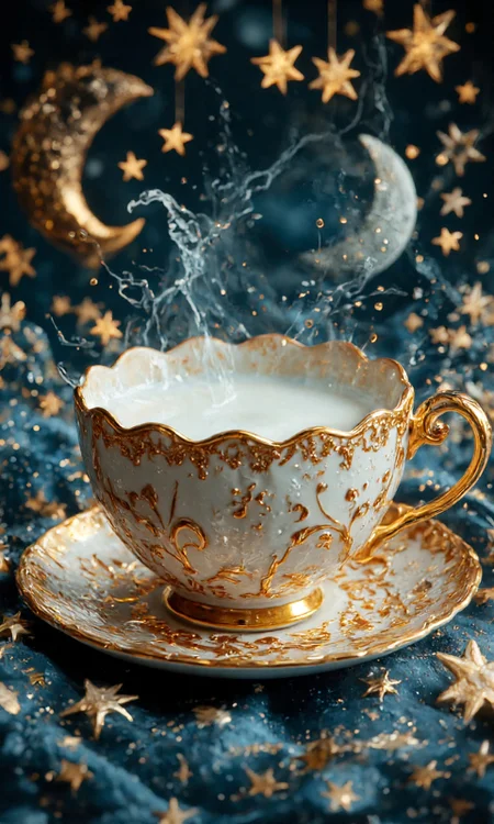 artwork rendered in a surreal, fantasy style. The central subject is a large, ornate teacup filled with a milky white liquid, positioned on a matching saucer. The teacup's exterior is adorned with intricate, swirling patterns in gold and white, creating a celestial effect. The saucer is similarly decorated, with a delicate, scalloped edge.
Surrounding the teacup is a magical, starry atmosphere. Stars of various sizes and colors, including gold and blue, float around the teacup and saucer, adding to the enchanting ambiance. Some stars are depicted as if they are emerging from the teacup, suggesting a mystical connection between the teacup and the stars.
In the background, a crescent moon with a slightly darker, almost black hue, is partially visible, adding to the celestial theme. The background is a deep, dark blue, enhancing the contrast and making the stars and moon stand out more prominently.
The overall composition is highly detailed and meticulously crafted, with a focus on texture and depth. The image is rich in color and light, creating a whimsical and dreamlike atmosphere., aidmaimageupgrader, aidmaMJ6.1