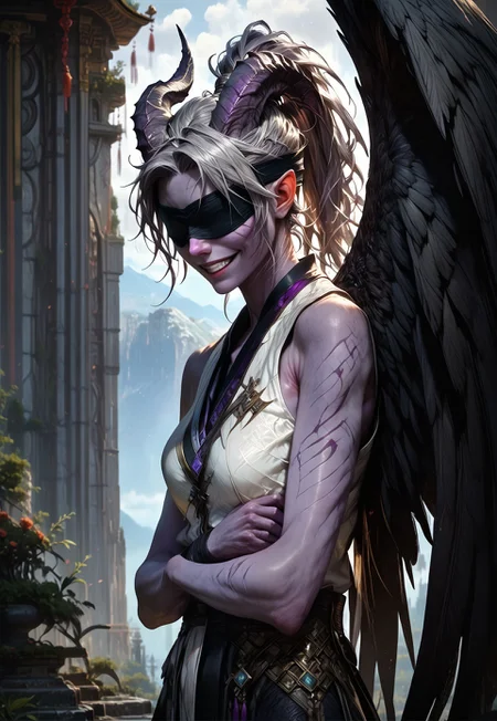 (absurdres, best quality, masterpiece:1.4), 
score_9, score_8_up, score_7_up, score_6_up, 
detailed, 
detailed body, 
detailed face, 
(((smooth skin, unbroken skin, detailed skin))), 
fantasy, 
alone, 

female, 
tiefling, 
h0rns, 
ram horns, 
black horns, 
tall, 
((((purple skin)))), 
((long grey hair, ponytail)), 
(((wingsd, black wings))),

crossed arms, arms across stomach, 
soft smile,

(white robe, sleeveless, 
blindfold, black cloth blindfold), 

depth of field, 
outdoors, 
mountain temple, 
upper body