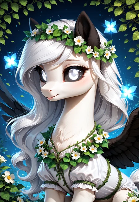 score_9, score_8_up, score_7_up, ((ivy plantstyle)), Albina, 1girl, feral pony, pony, (white fur1.2), (white long hair:1.2), black sclera, white eye, (glowing white eyes:1.4), (black wings:1.1), (black ears:1.1), cute, pony (masterpiece), best quality, abstract, abstract art, illustration, anime, solo, 1 female, feral,, summer dress, cloth, flowers ,overgrown, ivy plantstyle