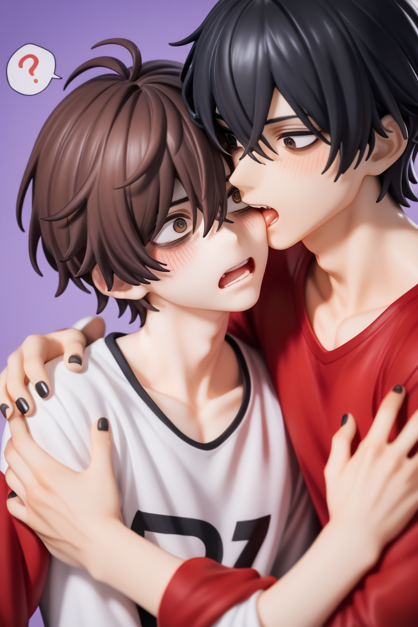 score_9, score_8_up, score_7_up,
<lora:CheekBite_Pony:1>
cheek_bite, blush, short hair, open mouth, bangs, brown hair, shirt, black hair, long sleeves, hair between eyes, brown eyes, collarbone, white shirt, upper body, male focus, multiple boys, teeth, 2boys, nail polish, looking at another, black eyes, speech bubble, red shirt, black nails, yaoi, purple background, !?, hand on another's shoulder, bags under eyes