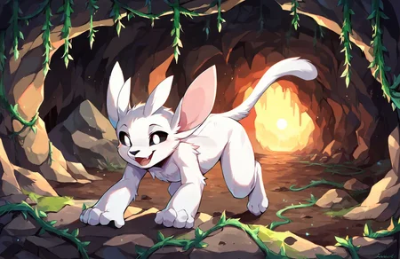 <lora:Ori:0.8> ori, white fur, paws, tail, black sclera, white eyes, black nose, source_furry, upper body, cave, rock, vines, all fours, lit by afternoon sun, lightshafts, open mouth, smile,, score_9, score_8_up, score_7_up, score_6_up, score_5_up, score_4_up, ponypositive,