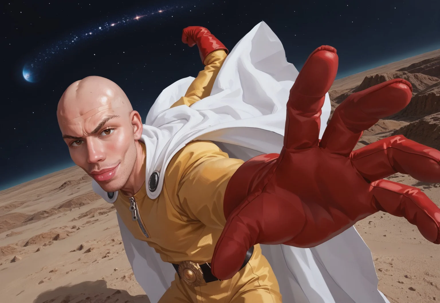 score_9, score_8_up, score_7_up, masterpiece, high resolution, 0pm, 1boy, bald, brown eyes, yellow bodysuit, zipper, black belt, belt buckle, white cape, red gloves, red boots, SkylerWhiteYo, closed mouth, smile, lips, IncrsPunchMeme, incoming punch, space
