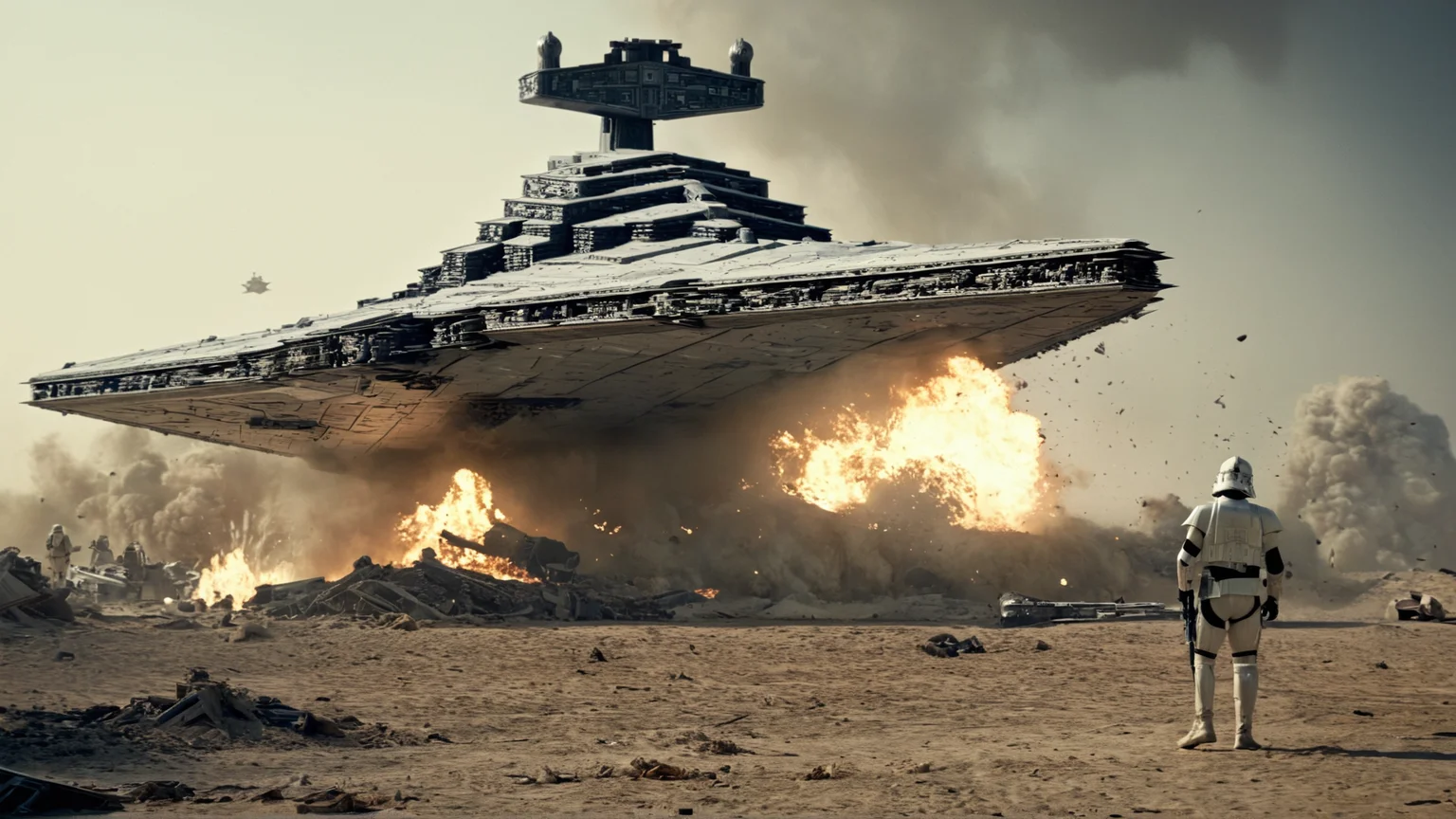 cinematic film still of <lora:star wars style v2:0.2>
<lora:detailed:0.2>
<lora:perfection style:0.2>
<lora:Ron Fricke style:0.1>
<lora:Imperial Star Destroyer:0.9>
Imperial Star Destroyer a man standing in front of a giant crashing star destroyer,weapon,sword,holding weapon,military,fire,science fiction,aircraft,military vehicle,explosion,energy sword,spacecraft , star wars style, crashing on ground, explosion, wreck, shallow depth of field, vignette, highly detailed, high budget, bokeh, cinemascope, moody, epic, gorgeous, film grain, grainy