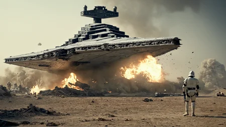cinematic film still of <lora:star wars style v2:0.2>
<lora:detailed:0.2>
<lora:perfection style:0.2>
<lora:Ron Fricke style:0.1>
<lora:Imperial Star Destroyer:0.9>
Imperial Star Destroyer a man standing in front of a giant crashing star destroyer,weapon,sword,holding weapon,military,fire,science fiction,aircraft,military vehicle,explosion,energy sword,spacecraft , star wars style, crashing on ground, explosion, wreck, shallow depth of field, vignette, highly detailed, high budget, bokeh, cinemascope, moody, epic, gorgeous, film grain, grainy