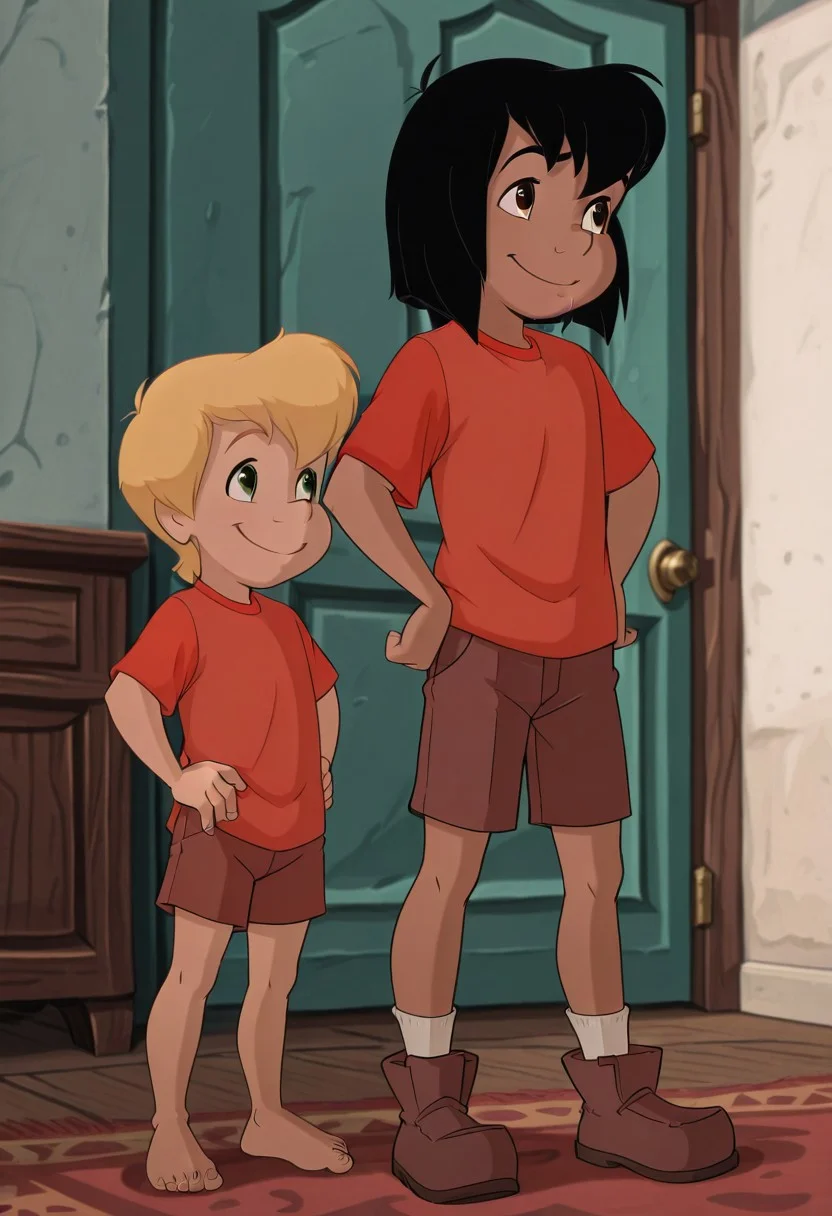 score_9, score_8_up, depth of field, masterpiece, best quality, amazing quality, very aesthetic, absurdres, newest, very awa, shadow, fullbody, full body shot, full body portrait, official artstyle, cartoon style, cute, from below, smile, barefoot, standing, hands on hips, big smile, heroic pose, animated style, Disney style
BREAK
2boys, duo, side by side, two different boys, looking at each other,
(1boy, MowgliTheJungleBook, 1boy, brown skin, brown eyes, black eyebrows, medium-length black hair, shorts, shirt, , slim, barefoot:1.4), size difference, age difference,
(CodyTheRescuersDownUnder, male, human, young, blonde hair, short hair, green eyes, short, red shirt, short sleeves, belt, buckle, brown shorts, white socks, brown boots,,:1.4)
