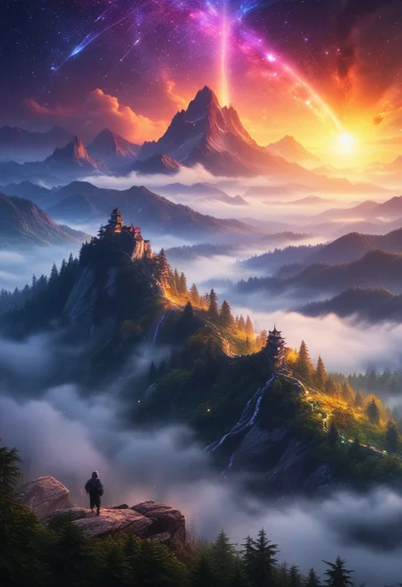 landscape, mountain, fireflies, magic fog, sunset, nebula, galaxy, detailed, high quality, best quality, masterpiece, rainbow, flying dragon,