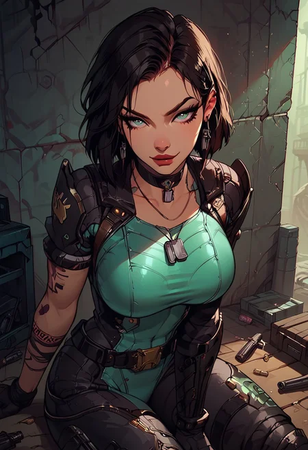 Score_9, Score8_up, Score_7_up, (((High Resolution, Best Quality))),
1girl, solo, toned arms, sleeveless, Covered in Tattoos, neck tattoos, hair tied up, black hair, green highlight streak in hair,
futuristic, futuristic armor, neon green lights on bodysuit, armored suit, body armor, armor, plated armor, revealing bodysuit, tight bodysuit, tactical, military gear, toxic canisters, toxic chemicals, poision vials,
large breasts, choker, dog tags, ear piece,
seducing, seductive, flirty, tender, loving, playful, looking at viewer, smug,
Sitting on ground, leaning against wall, relaxed, leaning back, arm resting on knees, arm on knee,
inside, Military, military base, military barracks, cots, crates, military boxes, guns, bullets, supplies, armory,