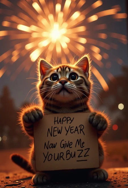 A cute cat, watching some fireworks with an over the top shocked facial expression, holding a sign it says "Happy New Year Now Give Me Your Buzz!", realistic, cinematic shot, head tilted back, large eyes, pointing at the viewer,