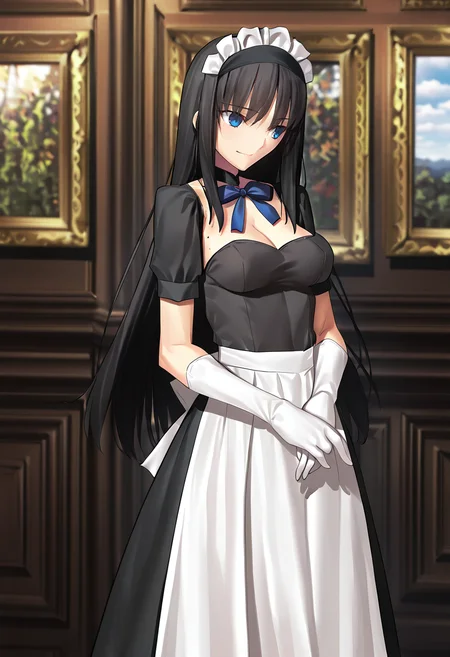 1girl, akiha1, questionable, blue eyes, black dress, blue ribbon, blush, bow, bowtie, choker, cleavage, elbow gloves, long sleeves, maid headdress, mole on breast, neck ribbon, own hands together, short sleeves, smile, solo, white apron, white gloves, solo, strapless leotard, masterpiece, best quality, 8k, absurdres, very aesthetic, takashi <lora:takeuchi_takashi:0.8>
<lora:toono_akiha:0.8>