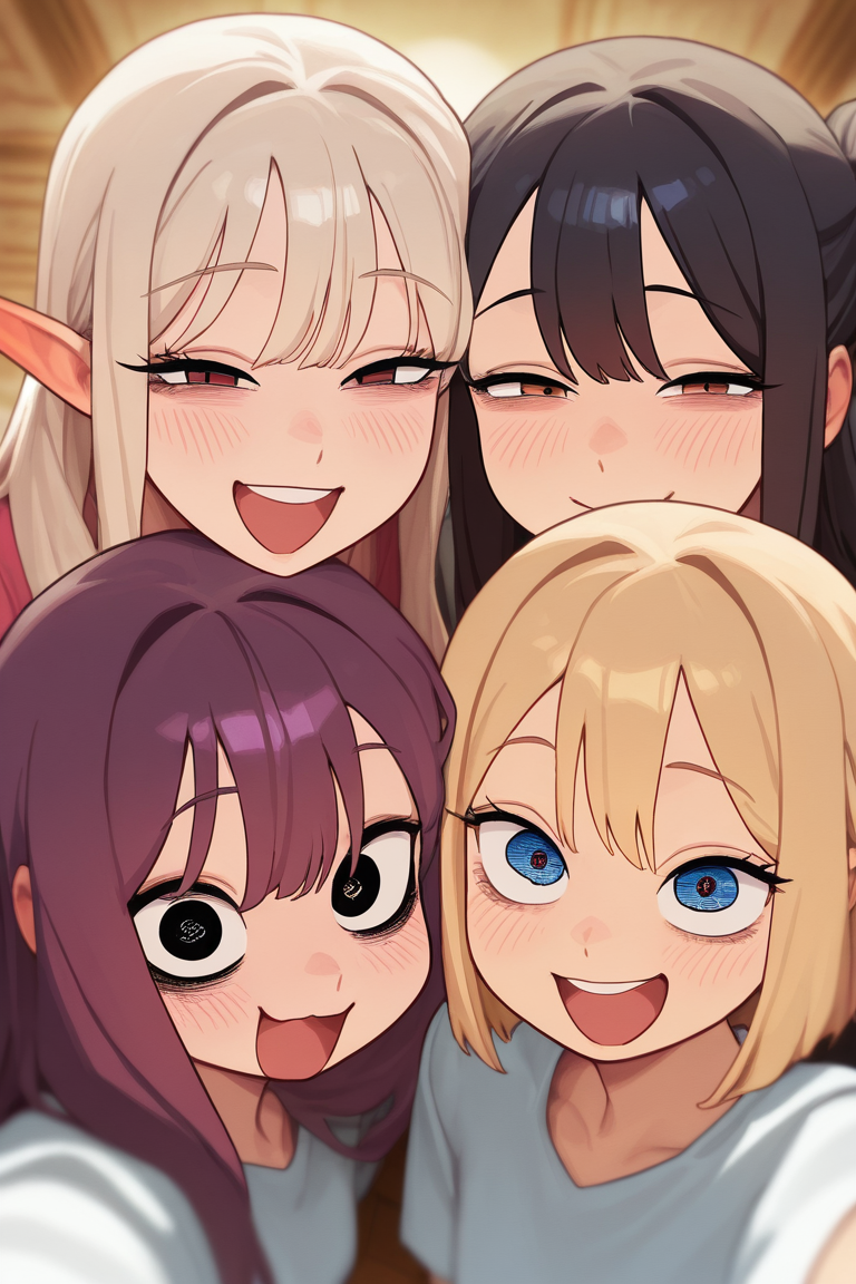 Mevak_PS, masterpiece, best quality, amazing quality, very aesthetic, high resolution, ultra-detailed, extremely detailed eyes, detailed face, absurdres, newest, best illumination, depth of field, complex background, detailed background, family photo, looking at viewer, happy, blurry, angel girl(blonde hair), demon girl(black hair), cat girl(purple hair), elf girl(white hair), gyaru(golden hair), japanese girl(black hair), european girl(red hair), latin girl(brown hair), multiples girls, +8girls, +6girls,