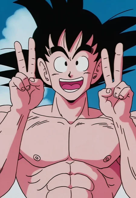 ASCII 1boy, Goku, black hair, spiky hair, pectorals, smile, open mouth, V, topless, male focus, upper body, perfect face, muscular man, 4k, perfect composition, high aesthetic, solo, sky background,