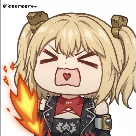 <lora:burnice.pony.v3:0.9>, zzzburnice, blond hair, twintails, medium hair,
<lora:AyanamiBarrageMeme_XLPonyD:1.0>, AyanamiBarrageMeme, chibi, closed eyes, open mouth, > <, heart in mouth, upper body, fire,
simple white background,