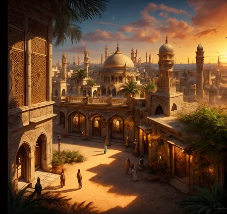 RAW photo, (masterpiece:1.3), subsurface scattering, heavy shadow, (high quality:1.4), (intricate, high detail:1.2), professional photography, HDR, High Dynamic Range, realistic, ultra realistic, photorealistic, high resolution, film photography, ambient lighting, atmospheric effects, <lora:detail_slider_v4:2>, OverallDetail, <lora:Arabian_Town:1>, artow,6+boys, architecture, artow, building, castle, city, cloud, day, no humans, outdoors, palm tree, plant, potted plant, scenery, sky, sunset, traditional media, tree, epiCPhoto