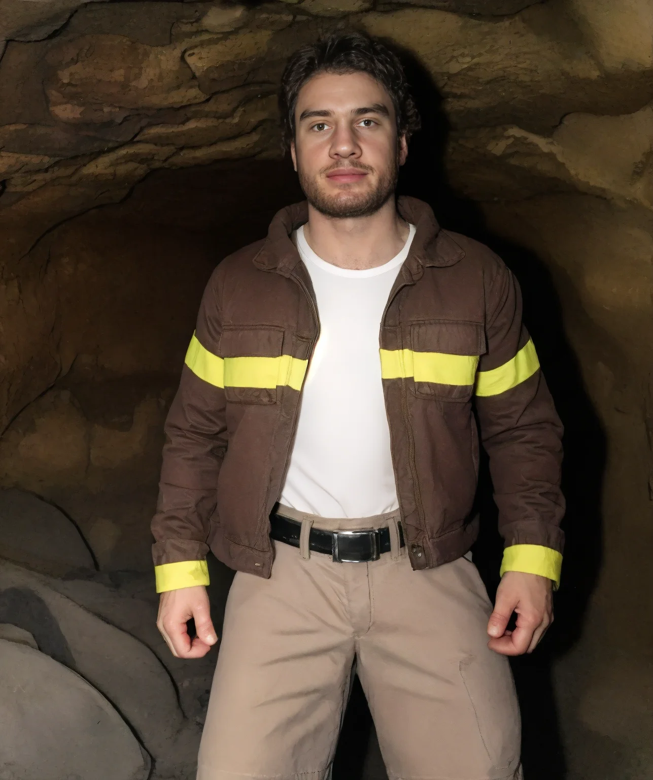byron_pokemon, (standing), muscular, (beard), (mining jacket, mining outfit), cavern, looking at viewer <lora:Byron-15:0.85>