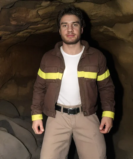 byron_pokemon, (standing), muscular, (beard), (mining jacket, mining outfit), cavern, looking at viewer <lora:Byron-15:0.85>