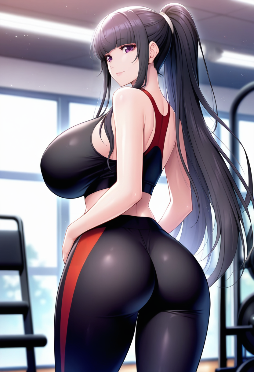 masterpiece, best quality, amazing quality,tomoe tajika, purple eyes, black hair, mature female, long hair, blunt bangs, ponytail, 1girl, breasts, solo,huge breasts,closed mouth, light smile,sportswear, black sports bra, black leggings,ass, gym,looking at viewer, looking back,from behind,indoors,thighs,cowboy shot, blurry background <lora:tomoe tajikaV1:0.9>