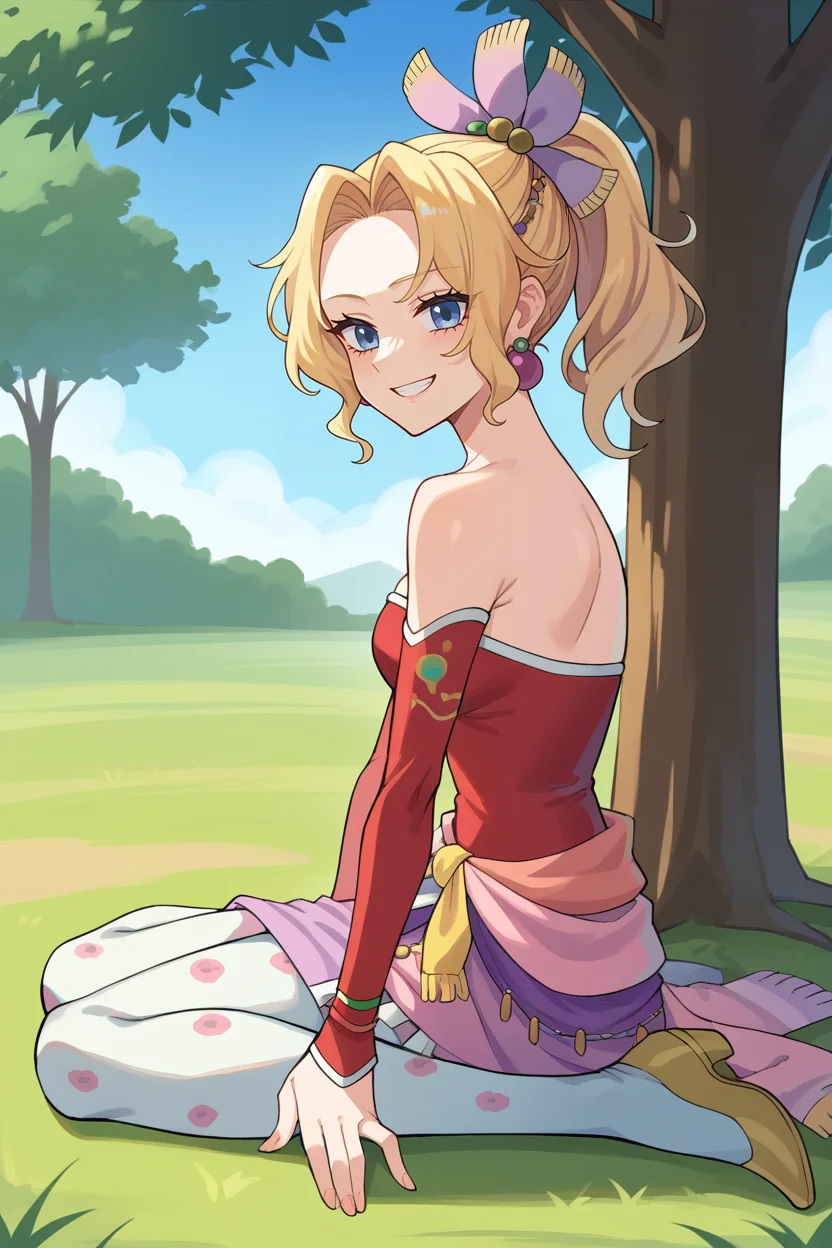 score_9, score_8_up, source_anime, 1girl, solo BREAK <lora:tinabranford-pdxl-nvwls-v1-000006:1> tina branford, blonde hair, ponytail, hair ribbon, earrings, red dress, strapless, detached sleeves, clothes around waist, print legwear, sitting, from side, looking at viewer, grin, on ground, field, tree, blue sky