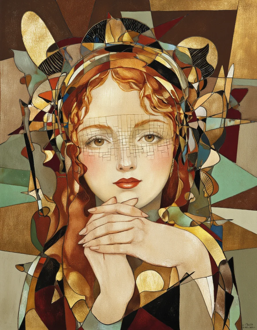 Art by Tigran Matulian. A highly detailed and vibrant digital illustration from a portrait camera angle, featuring a stylized portrait of a woman's face made up of geometric shapes and lines in a mosaic-like style. the woman, positioned in the middle of the image, has a thoughtful expression with her hands clasped together in front of her face. she appears to be a young woman with light skin and long, wavy, red hair that falls down her back. her eyes are looking directly at the viewer, and her lips are parted slightly, revealing a hint of red lipstick. her expression is serene and contemplative, with a slight blush on her cheeks. the background is composed of various geometric shapes in shades of brown, green, and gold, including triangles, squares, and rectangles, creating a mosaic effect. the style is reminiscent of modern art, with bold lines and geometric shapes that create a sense of depth and dimensionality. the overall effect is one of sophistication and elegance, with the woman's facial features and the texture of the geometric shapes adding to the overall aesthetic.