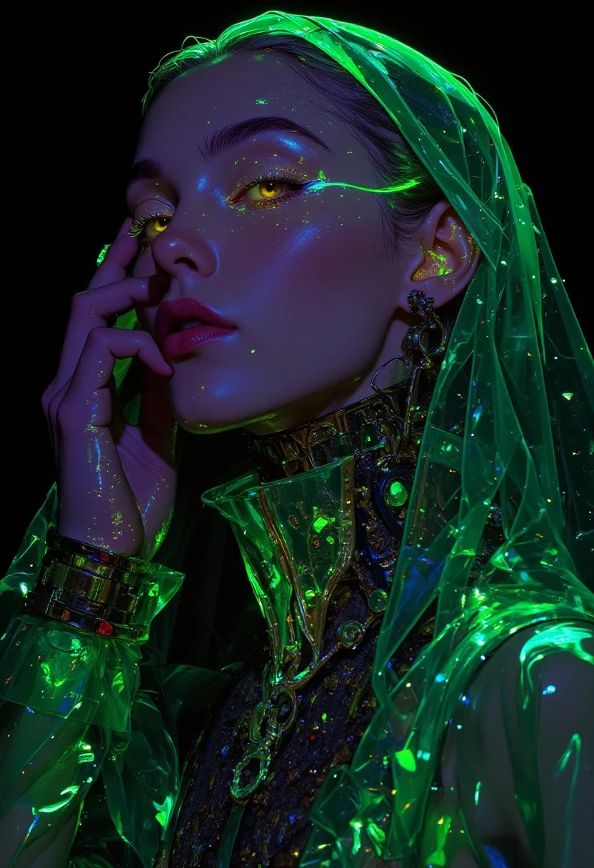 ((highly stylized, digital artwork, avant-garde, futuristic, surreal))
A woman with a luminous bronze complexion stands enveloped in a radiant, translucent emerald-green mesh that wraps around her head and shoulders, forming intricate, web-like patterns. The mesh glows in shifting hues of jade and neon teal, resembling an ethereal energy field. Her smooth, deep violet mask shimmers faintly, partially obscuring her face. Strands of silver hair escape from beneath the mesh, catching the glow.
Her slender fingers graze the material, as if testing its intangible nature. Beneath the mesh, an embroidered bodysuit woven with microscopic circuits pulses softly in sync with its glow. Tiny flecks of golden luminescence drift across her collarbone and wrists, resembling bioluminescent dust.
The background mirrors the mesh’s intricate patterns, fusing seamlessly with her attire. Glowing lines cascade along her form, tracing her silhouette in fluid motion. The shifting translucency of the mesh allows soft light to pass through, enhancing the surreal, avant-garde aesthetic. The interplay of deep greens, vibrant teals, and shimmering bronze tones creates a visually striking fusion of fashion, art, and futuristic design.