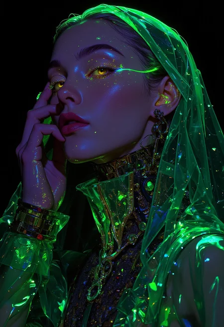 ((highly stylized, digital artwork, avant-garde, futuristic, surreal))
A woman with a luminous bronze complexion stands enveloped in a radiant, translucent emerald-green mesh that wraps around her head and shoulders, forming intricate, web-like patterns. The mesh glows in shifting hues of jade and neon teal, resembling an ethereal energy field. Her smooth, deep violet mask shimmers faintly, partially obscuring her face. Strands of silver hair escape from beneath the mesh, catching the glow.
Her slender fingers graze the material, as if testing its intangible nature. Beneath the mesh, an embroidered bodysuit woven with microscopic circuits pulses softly in sync with its glow. Tiny flecks of golden luminescence drift across her collarbone and wrists, resembling bioluminescent dust.
The background mirrors the mesh’s intricate patterns, fusing seamlessly with her attire. Glowing lines cascade along her form, tracing her silhouette in fluid motion. The shifting translucency of the mesh allows soft light to pass through, enhancing the surreal, avant-garde aesthetic. The interplay of deep greens, vibrant teals, and shimmering bronze tones creates a visually striking fusion of fashion, art, and futuristic design.