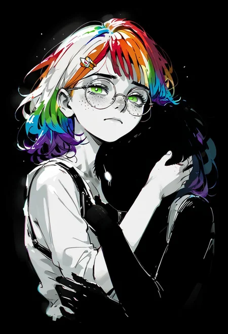 score_9, score_8_up, score_7_up, score_6_up, score_5_up, th3d4rk, darkness, shadow, 1girl, monochrome, hug, safety, comfort, vulnerable
BREAK
Mycelia, ((rainbow colored hair:1.3)), candy hairclip, round glasses, green eyes, lidded eyes, freckles, petite, vivid color, looking lovingly at shadow