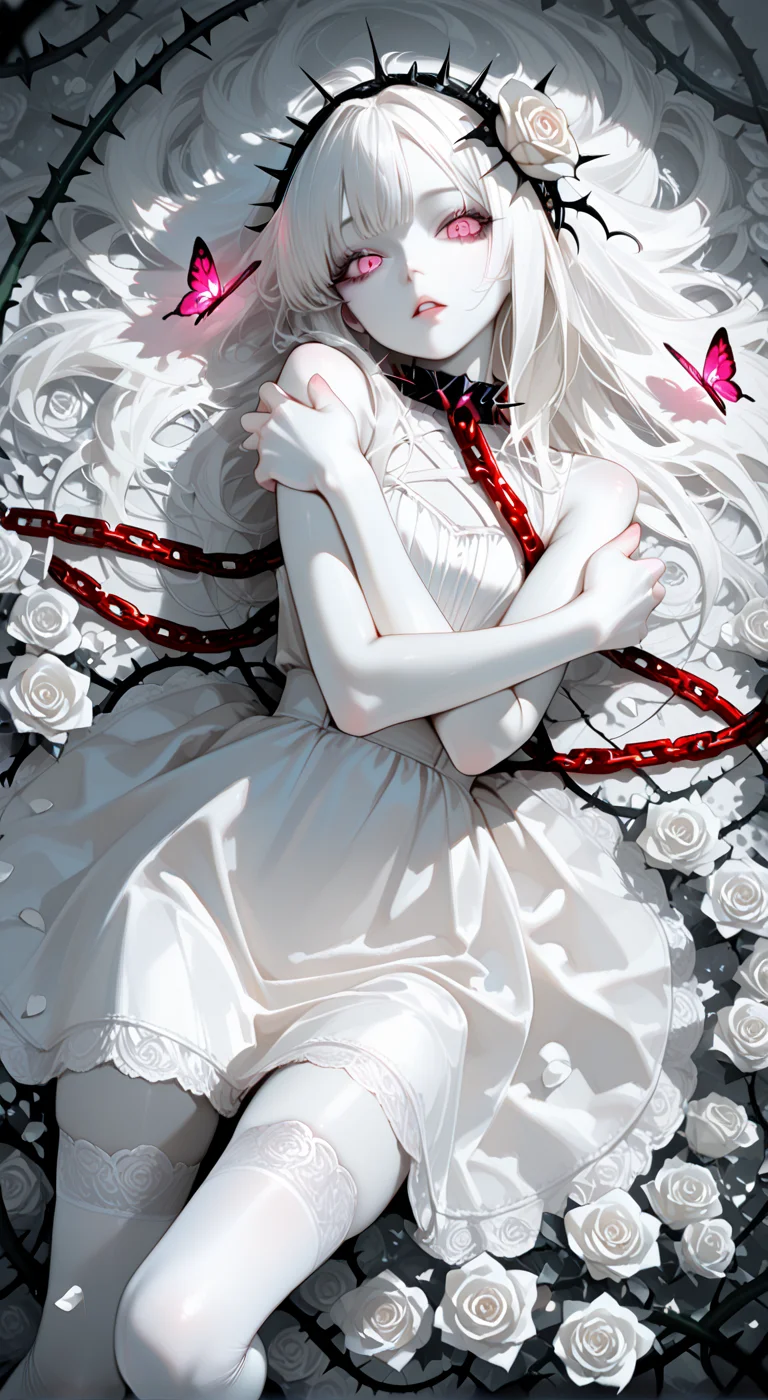 masterpiece, best quality, Good quality, very aesthetic, absurdres, newest, monochome, 1girl, solo, long hair, looking at viewer, bangs, thighhighs, dress, bare shoulders, pink eyes, flower, white hair, lying, parted lips, white dress, white thighhighs, rose, red chain, leaf, bug, white flower, butterfly, pale skin, white rose, on back, petals, spot color, hair spread out, hair ornament, thorns, vines, from above, hands on own arms,