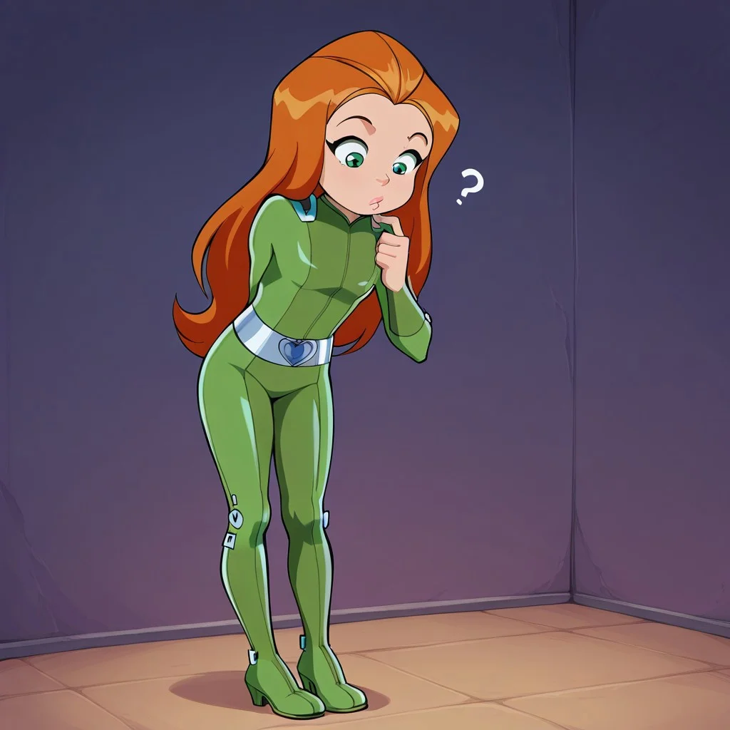 sam_totally_spies, long hair, orange hair, green eyes, green bodysuit,
masterpiece, best quality, amazing quality, very aesthetic, absurdres,
1girl, solo, ((short)), young, flat_chest1.9, Shortstack,
full body,
Standing, looking down, confused, finger on chin