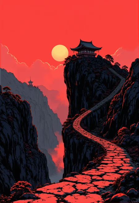 <lora:ck-ghost-reaper:0.9>, This is a digital artwork in the style of ckgr,
Inkpunk Anime, inksketch in red and black, image of shinto shrine on top of a mountain, long flight of steps up to it, canyon, ravine, sunset, mist