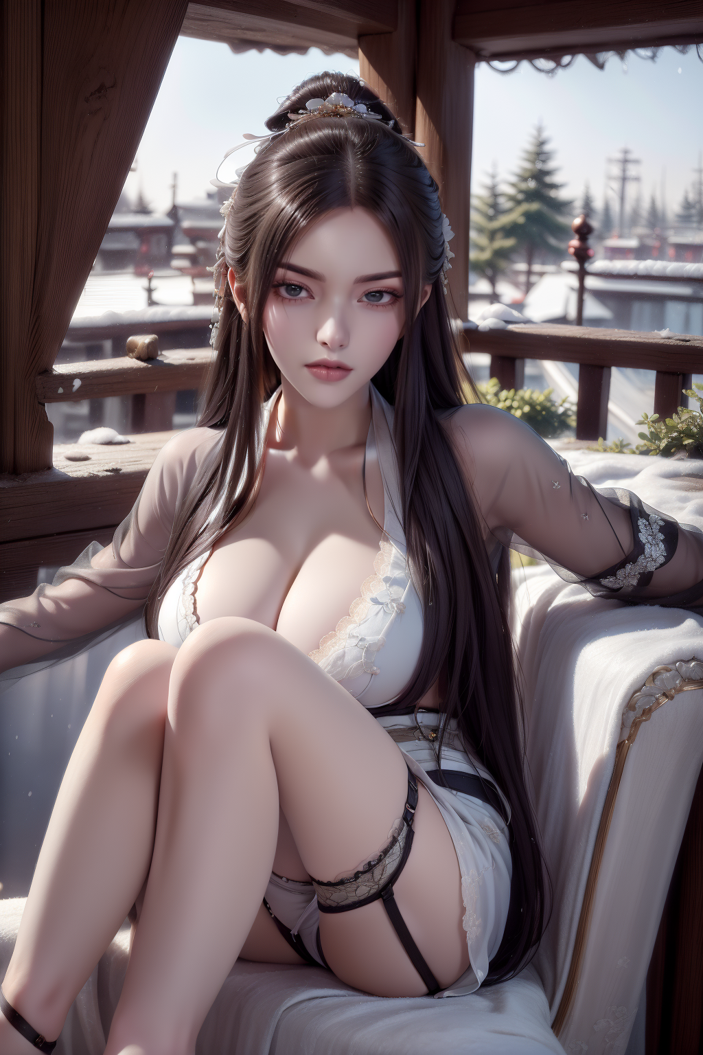 1girl, garter_straps, high_heels, breasts, underwear, solo, thighhighs, black_hair, garter_belt, standing, looking_at_viewer, cleavage, long_hair, lace_trim, lace, nail_polish,<lora:MIAOKA_fangqingxue_v1.0:1>fqx