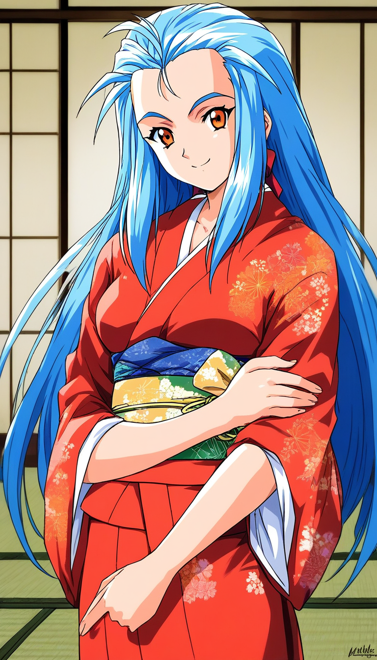 score_9, score_8_up, score_7_up, source_anime, rating_explicit, BREAK <lora:Minazuki_Kotoko_XL:1> Minazuki_Kotoko, blue hair, long hair, orange eyes, medium breasts,
1girl, solo, japanese clothes, red kimono, smile, looking at viewer, V arms,
 obi, 1990s (style), logo, company name, ribbon, hair ribbon, 
 standing, tatami,