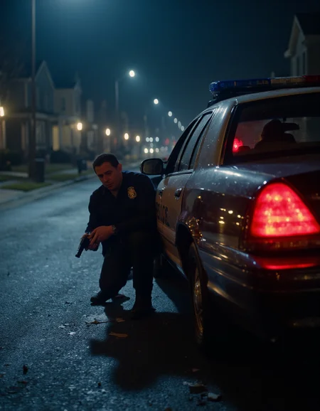 A tense, action-packed cinematic scene of a police officer crouching behind his patrol car for cover in a suburban neighborhood. The officer, wearing a navy-blue uniform with a badge glinting faintly in the light, grips a standard-issue pistol tightly in both hands. His face is etched with focus and tension, sweat glistening on his brow under the harsh light of a streetlamp. His body is partially shielded by the open driver's side door of the car, which is peppered with fresh bullet impacts.
The patrol car, a classic black-and-white police cruiser, is parked askew on a quiet residential street, its red-and-blue lights flashing urgently, casting rhythmic streaks of color across the scene. The car's headlights illuminate a row of neat, suburban homes with manicured lawns, each shrouded in deep shadow except for faint porch lights and the occasional flicker of a TV through curtained windows.
In the background, a tense standoff unfolds, with distant muzzle flashes breaking the darkness. The scene is punctuated by scattered debris on the asphaltâa shattered side mirror, a toppled trash can, and shards of broken glass glinting under the streetlights. The atmosphere is thick with tension, heightened by a low-hanging mist that diffuses the light and softens the edges of the quiet suburban setting.
Technical Details for Photography-Style Rendering:
Camera: Sony A7R IV
Lens: 35mm f/1.4 GM
Settings: 35mm focal length, f/1.8 aperture, ISO 1600, 1/60s shutter speed
Lighting: Strobing red-and-blue police lights, supplemented by ambient streetlights and car headlights, creating dynamic contrast and dramatic reflections on the car's surface.
<lora:CinematicStyleFlux_v1:1>