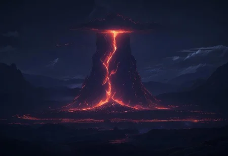 SilverPulse volcano, magma and lava, red glowing SilverPulse, volcano erupting